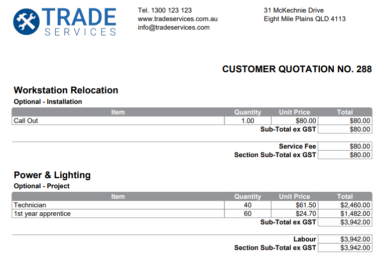 A screenshot of a customer quote form showing optional cost centre details.